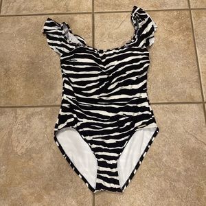 Vince Camuto Ruffle Off the Shoulder Zebra One Piece Swimsuit